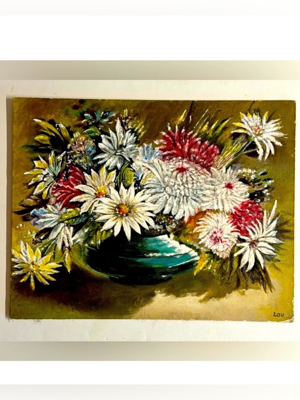 Vintage 70s Signed Original flower oil painting on canvas panel 11” x 14”